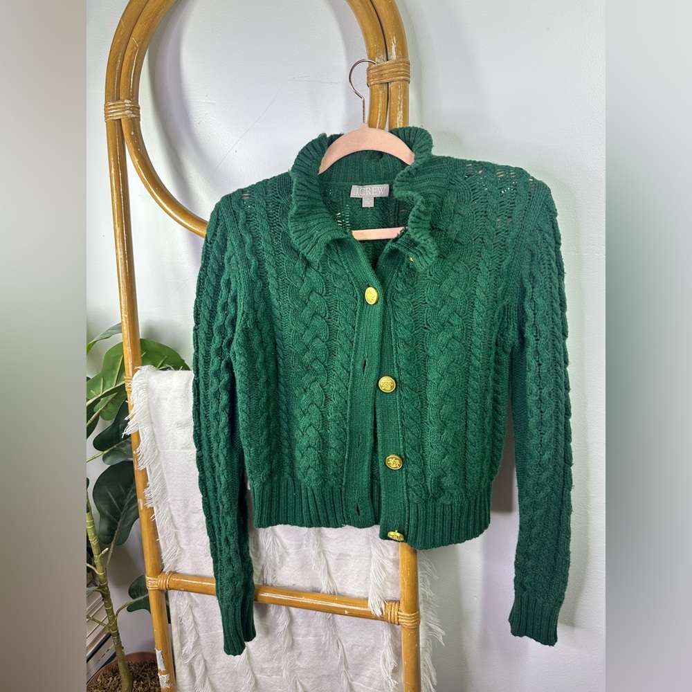 J.Crew Cable-knit Ruffleneck Cardigan Sweater Green sz S - Picture 3 of 8